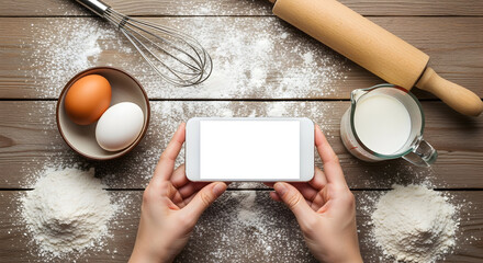Recipe App Mockup Baking Ingredients Flatlay Wooden Table Hands Holding Smartphone Cooking Food Photography Delicious Homemade Bread Pastry