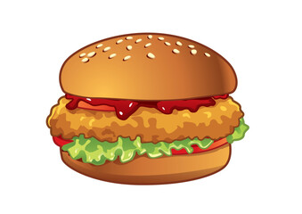 Crispy chicken sandwich featuring a breaded chicken patty, fresh lettuce, and ketchup served in a toasted sesame seed bun for flavor enthusiasts.