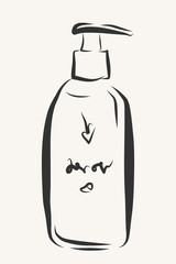 Ink Outline Cosmetic Bottle Silhouette. Elegant Doodle Line Stroke Sketch. Skincare and Everyday Beauty Skin Routine Concept.	 Plastic Lotion, Cream, Shampoo Product Isolated Package. 