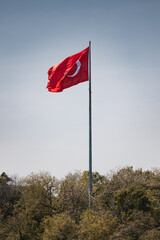 Turkish national flag flutters in wind on Bosphorus coast above trees on sunny day, Istanbul, T&uuml;rkiye