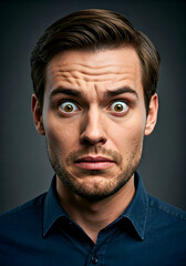 Fototapeta premium A man's expressive portrait conveying surprise ideal for emotional marketing campaigns unexpected news or comical situations perfect for illustrating disbelief