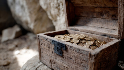 Open wooden treasure chest filled with gold coins.
