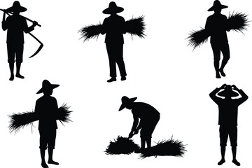 Silhouette farmers working in field, harvesting crops, carrying bundles, using tools, rural agriculture, hats, labor, vector, cad drawing flat vector illustration
