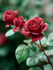 Red roses with dewdrops in a garden setting