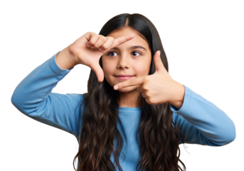Creative young girl framing with her hands isolated on a transparent background