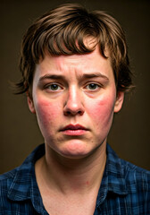 Fototapeta premium A close-up portrait revealing a person's distressed expression and red inflamed skin suitable for emotional studies or medical awareness campaigns