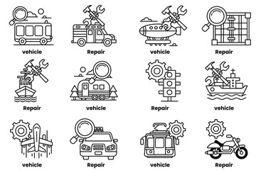 set of illustrations in the concept of vehicles and repairs in line art style
