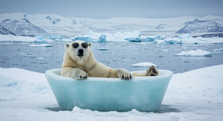Polar bear wearing sunglasses relaxing in ice tub in Arctic