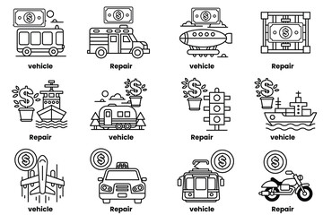 set of illustrations in the concept of vehicles and awards in a line style