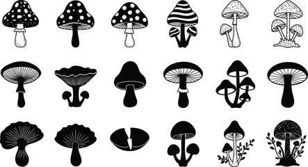 Set of different mushroom vector silhouettes, various shapes, drawing, and styles, magic fungus, forest icon, black and white illustration.