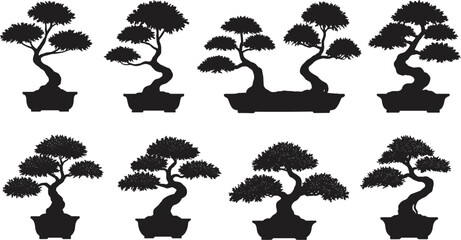 A diverse set of bonsai tree vector silhouettes, various styles and shapes, miniature plant in a pot, traditional Japanese art icon.