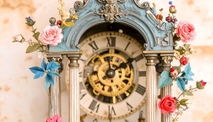 Obraz premium Ornate antique clock adorned with floral decorations.