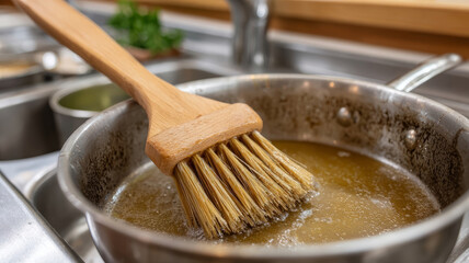 Brush cleaning a greasy pan in a kitchen sink.
