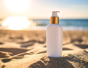 White sun lotion bottle on beach sand, sunset