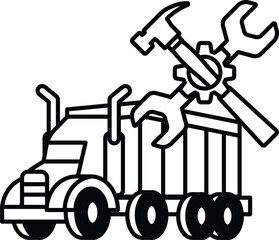 A black and white drawing of a truck with a wrench and a hammer on it