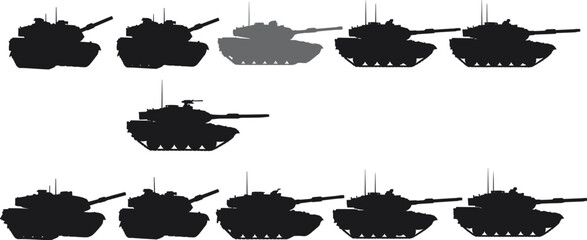 Set of military tank vector silhouettes, different views, war machine, military vehicle, battle tank, army equipment, black and gray icon.