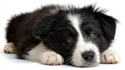 Fototapeta premium Adorable Border Collie Puppy Sitting on White Background - Professional Pet Photography