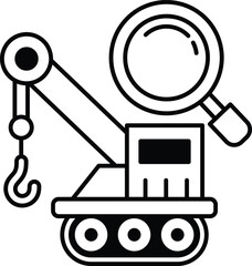 A black and white drawing of a crane with a magnifying glass on top of it