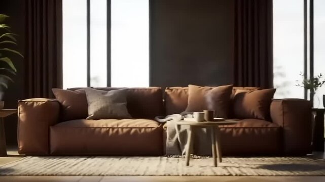 Cozy living room featuring a brown sofa, decorative pillows, wooden tables, and a plant by the window
