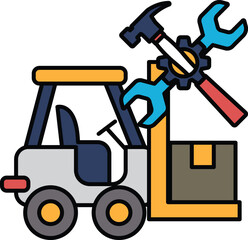 A black and white drawing of a forklift with a wrench on it