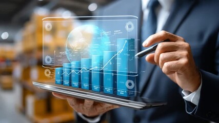 Business Analyst with Data Visualization: A business analyst, dressed in professional attire, uses a digital tablet to visualize and interpret complex data, showcasing modern analytical capabilities.