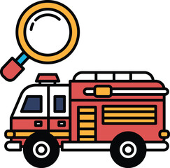 A black and white drawing of a fire truck with a magnifying glass on top