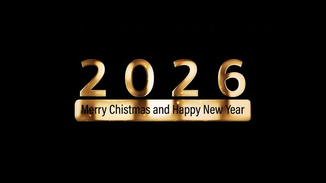 Merry Christmas and Happy New Year golden text animation isolated word on blak background using QuickTime Alpha Channel ProRes 4444. 4K 3D rendering seamless loop Merry Christmas word isolate effect