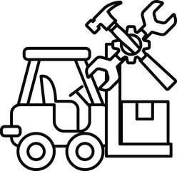 A black and white drawing of a forklift with a wrench on it