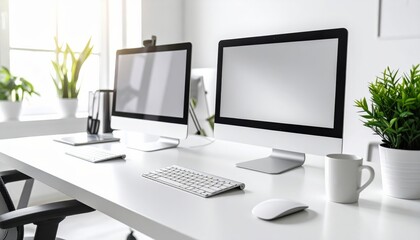 Fototapeta premium Modern workspace with dual monitors and minimalist design elements