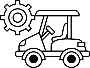 A black and white drawing of a car with a gear on the front