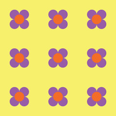 Flower pattern created from neon purple and orange circles on a neon yellow