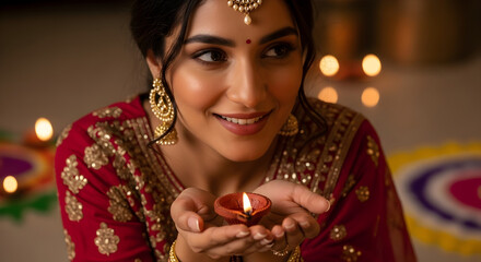 Diwali Celebration: Woman in Traditional Attire Holding Diya