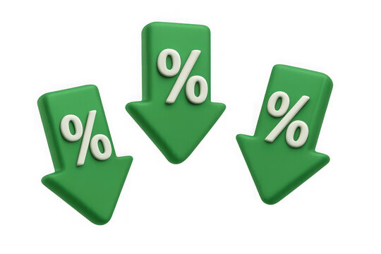 Three green downward pointing arrows with percentage symbols indicating a decrease in value or price isolated on transparent background