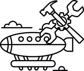 A black and white drawing of a plane with a hammer and wrench on it