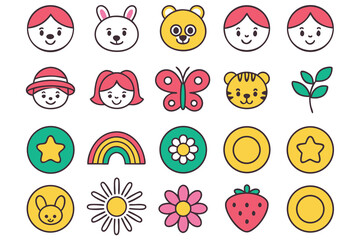 Obraz premium Collection of cute cartoon faces animals and objects isolated on white background