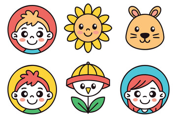 Cute cartoon faces of children and animals isolated on white background