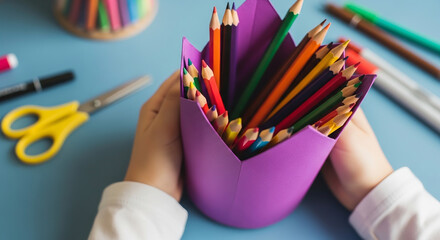 Hands holding a purple pencil holder filled with colored pencils on a blue surface with art supplies