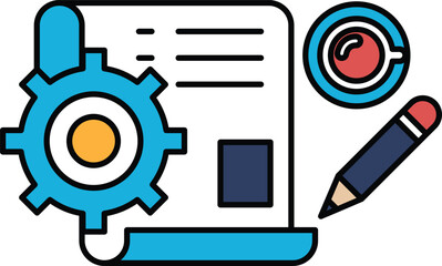 A black and white drawing of a gear with a pencil and a cup of coffee next to it