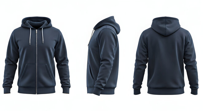 A versatile navy full-zip hoodie displayed from multiple angles perfect for showcasing clothing designs or retail product listings Its plain surface offers a blank canvas for custom graphics