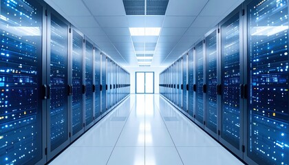 Modern data center corridor with server racks and led lighting