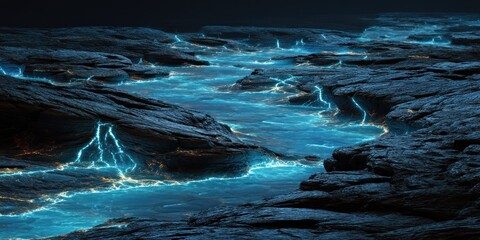 Fragments of land with glowing water veins dripping into the unknown