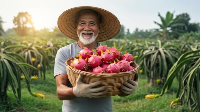 farmer with a happy expression lifting a basket filled with dragon fruit in a dragon fruit garden