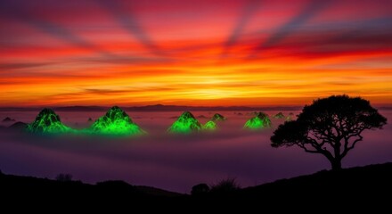 Obraz premium Vivid Sunset Over Mountain Landscape with Green Glowing Peaks and Silhouette Tree