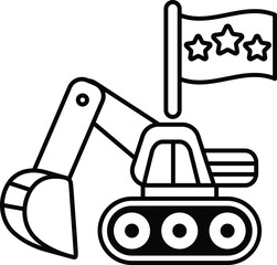 A black and white drawing of a large construction vehicle with a flag on top