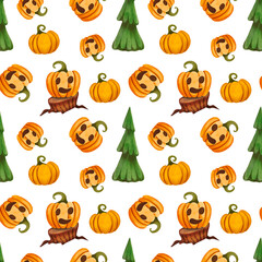 Seamless pattern with funny Halloween pumpkins. Hand-drawn watercolor illustration is suitable for holiday decoration, printing, fabric