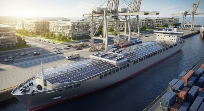 Futuristic Solar-Powered Cargo Ship Docked in a Modern, Sunlit Urban Harbor - Powered by Adobe