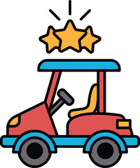 A black and white drawing of a golf cart with three stars on top