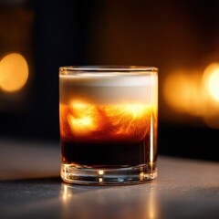 Layered cocktail, ice, dark bar, bokeh lights, night