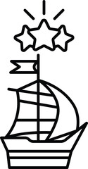 A black and white drawing of a boat with three stars on top