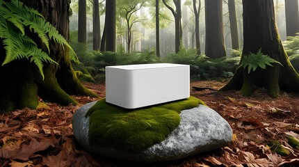 A blank white speaker sits resting on a large moss-covered granite rock in a serene forest clearing surrounded by tall trees, with natural softbox lighting filtering through the leafy canopy .